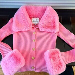 ALEXIA ADMOR PINK CARDIGAN WITH FAUX FUR TRIM